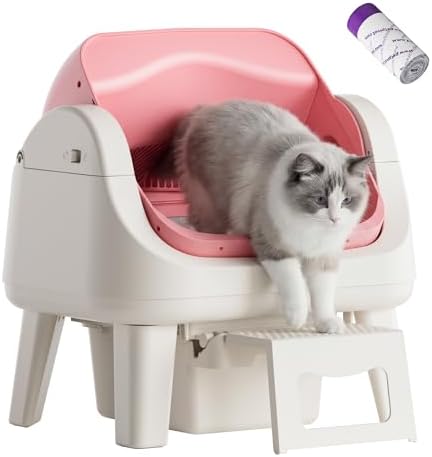 PetPivot Open Top Self Cleaning Cat Litter Box, Automatic Litter Box with 7 Pairs of Safety Sensors, Anti-Pinch Protection and Easy Access Step for Senior Cats, Pink