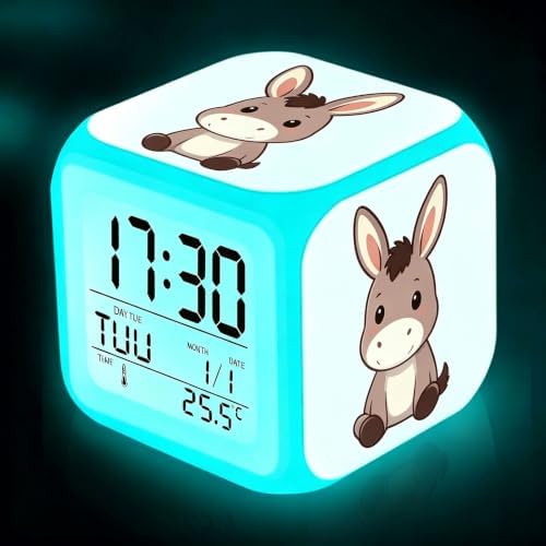 Wake Up Light Cute Cartoon Donkey Cube Alarm Clock, Battery Powered 7 Color RGB Glow Lamp, Multifunctional Thermometer Calendar Farm Animal Kids Desk Clock
