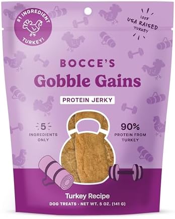 Bocce's Bakery Gobble Gains Protein Jerky Dog Treats, Turkey (5 oz)