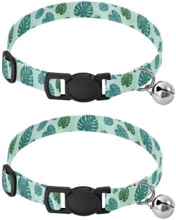 Tropical Leaf Green Blue Decorative Pet Collar with Bell 2 Pack Pet Collar Adjustable Length 10.6" to 17.1"