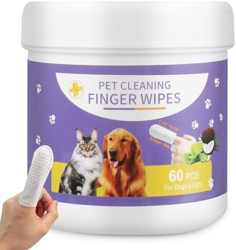 Dog Finger Cleaning Wipes, 60 Pcs Pet Dental Cleaning Finger Wipes Tooth Brushing Kit for Dogs Cats Plaque Tartar Remove, Dog Healthy Mouth Toothbrush Wipe for Pets Oral Care, Coconut Oil