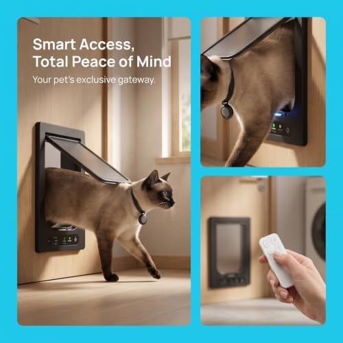 Smart Pet Door Cat Door, Automatic Pet Door, with Collar Sensor & Remote Control, Controllable Entry and Exit Directions(4 Locking Ways), 10.35"x11.73", for Cats & Small Dogs Black