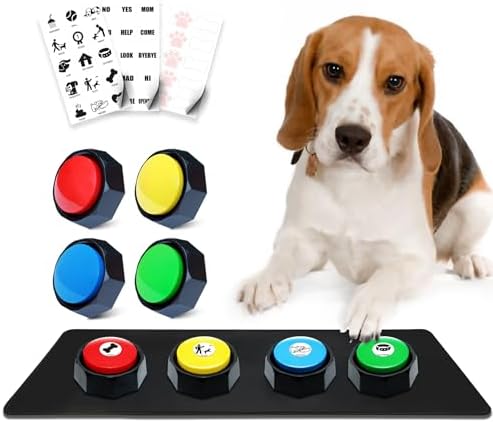 Recordable Buttons, Dog Buttons for Communication, Pack of 4 Colored Buzzers with Mat & 30 Scene Stickers 15 Custom Stickers. Non-Slip Stickers Inside