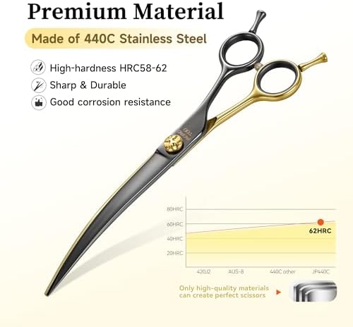 Curved Dog Grooming Scissors 7.5" – Black & Gold 440C Stainless Steel Shears for Precision Face and Body Shaping