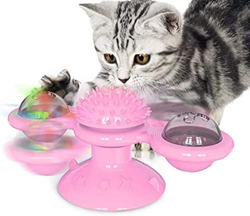 GBSYU Interactive Windmill Cat Toys with LED Light Ball Suction Cup Catnip Toy for Cat Exercise (Pink)