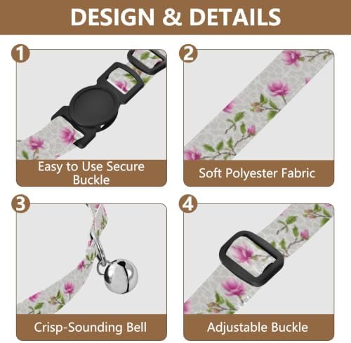 Magnolia Flowers Green Leaf Branches Easy to Wear Cat Collars 2 Pack for Cats