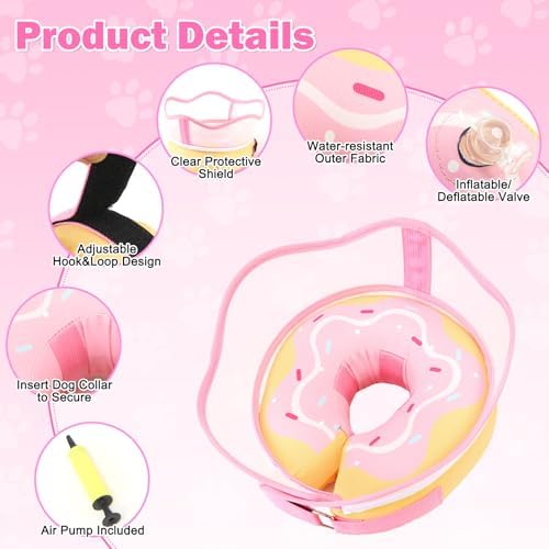 EMUST Inflatable Dog Cone Collar, Soft Cone for Dogs to Stop Licking, Comfortable, Lightweight Dog Donut Collar with Removable Clear Protective Shield After Surgery (Pink, Large)