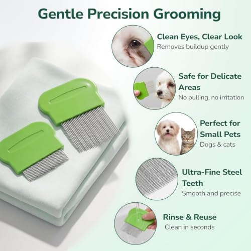 Pets&Goods Tear Stain & Flea Remover Comb Set for Dogs & Cats – Stainless Steel Eye Grooming Tool for Stains, Crust & Mucus – Gentle, Safe, Reusable – Pack of 2 (Green)