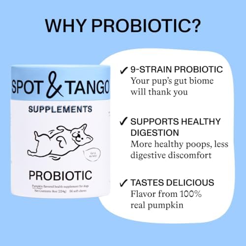 Spot & Tango Probiotics Supplements for Dogs - Vet-Approved for Healthy Digestion and Balanced Gut - Pumpkin, Turmeric, Chicory Root, Black Pepper, Nine-Strain Probiotic Blend, 56 Count