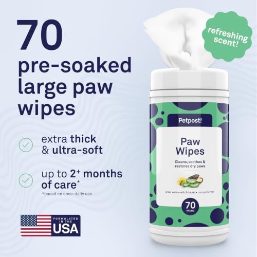 Petpost Large Paw Wipes for Dogs | 70 Count Dog Paw Cleaner Wipes with Aloe Vera, Witch Hazel & Cocoa Butter | Gentle Pet Wipes for Paws | Ultra Soft Cotton Pads