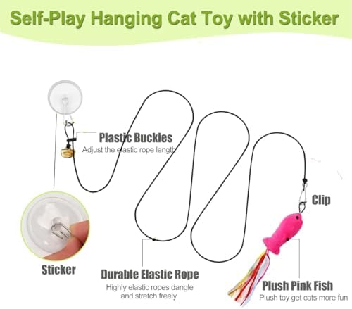 Door Hanging Cat Toys with Suction Cups, Interactive Hanging Feather & Plush Cat Toy with Bell, Assorted Replaceable Refills for Indoor Kitten Hunting Exercise & Boredom Relief (5 Pcs Assorted)