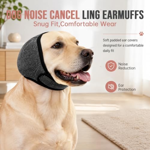 Dog Ear Muffs Noise Protection,Ear Muffs for Dogs,Calming Ear Wrap for Anxiety Relief, Waterproof Adjustable and Non Slip No Shake for Grooming, Bathing, Fireworks and Thunderstorms(2PC Black,L)