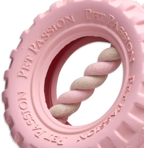 Pet Passion Natural Rubber Tire and Organic Cotton Rope Pull and Chew Dog Toy for All Pet Breeds, Blush, Medium