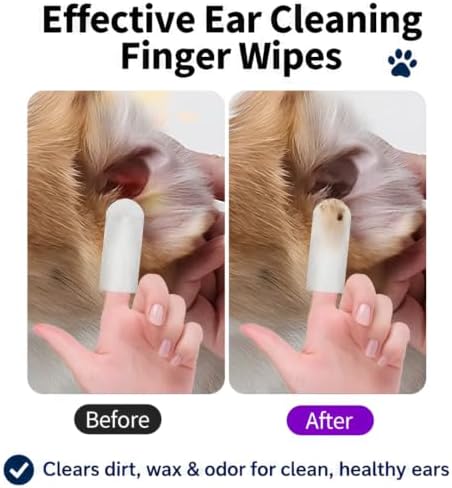 Pet Ear Cleaning Finger Wipes for Dogs & Cats, 50 Count, Unscented Ear & Eye Cleaning Wipes, Soft Non-Woven Finger Wipes for Wax, Dirt & Tear Stain Removal, Gentle Daily Grooming