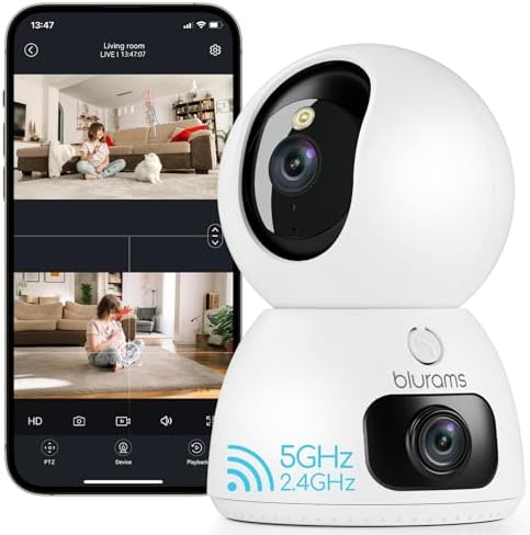 blurams 2K Dual-Lens Indoor Camera, 360° PTZ Pet Camera with Phone App, Split-Screen View, Free Human/Sound Detection, Dual-Band WiFi 6, Compatible with Alexa