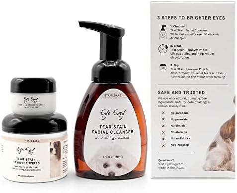 Eye Envy 3 Step Tear Stain Remover Kit for Dogs. for Clean, Stain-Free Eyes. Contains: Cleanser, Tear Stain Eye Wipes & Stain Powder. Non-irritating & Natural Dog Tear Stain Remover. Made in USA