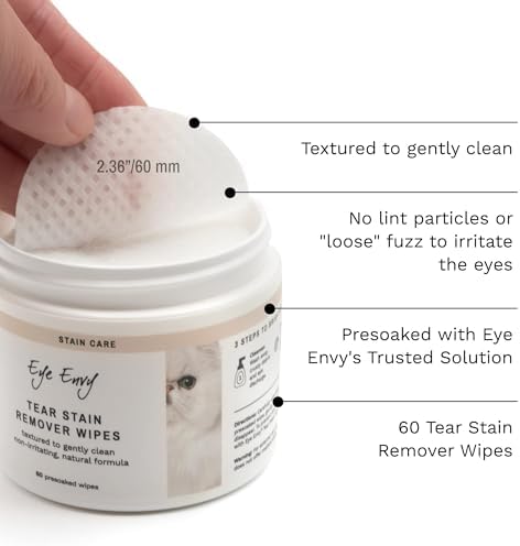 Eye Envy Tear Stain Wipes for Cats. Textured to Gently Clean Tear Stains. Natural Formula. Recommended by Persian & Exotic Breeders, Groomers. USA Made. 60 Cat Eye Wipes