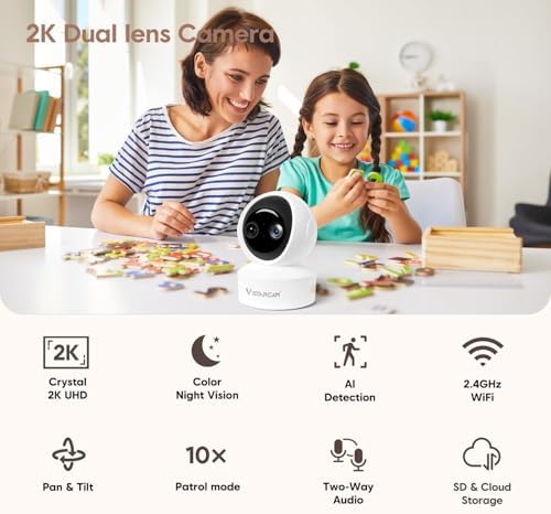 VSTARCAM Dual Lens Indoor Security Camera, 2K QHD with 10X Zomm, 360° Pan-Tilt 2.4GHz with Color Night Vision, Motion Detection, Real-time Alerts, 2-Way Audio, Cloud & SD Card Storage(up to 256GB)