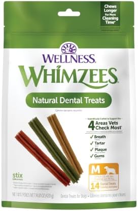 Whimzees Wellness Stix Natural Dog Dental Treat, Chews, Freshens Breath, Medium Size Sticks, 14.81 oz Bag, 14 Count