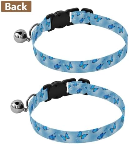 2 Pack Dog Collar Blue Butterflies Wings Cat Collar Breakaway with Bell, Adjustable Length 10.6" to 17.1"
