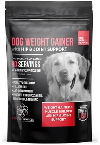 Dog Weight Gainer with Hip and Joint Support - Weight Gain Supplements for Dogs - Canine and Dog Muscle Builder - 90 Servings of Delicious BBQ Beef Flavor Powder - Made in The USA
