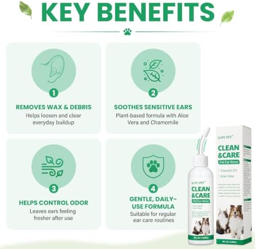 Dog Ear Cleaner & Cat Ear Wash with Flexible Silicone Tip, Gentle Deep Cleaning Solution for Ear Wax, Dirt & Odor, Aloe Vera Pet Ear Care Formula, Safe Daily Ear Hygiene, 4.05oz
