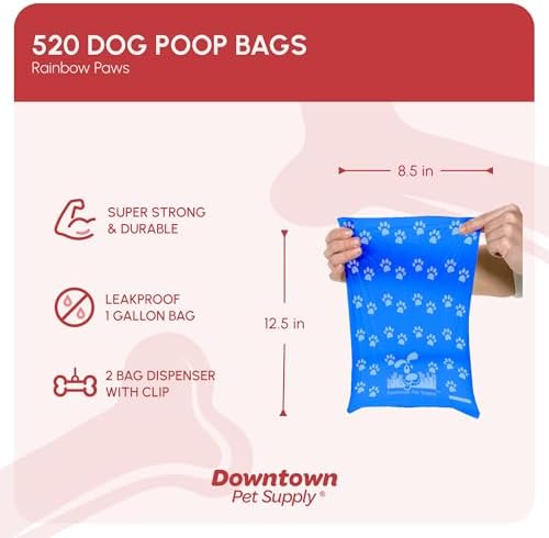 Downtown Pet Supply Rainbow Paw Print Poop Bags (520 CT & 2 Dispensers) - Leak-Proof, Unscented, Clips to Dog Leashes & Harnesses