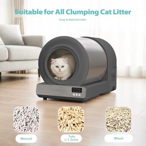 Stainless Steel Self-Cleaning Cat Litter Box, Automatic Cat Litter Box with Safety Sensors, Odor Control, APP Monitoring, Low Entry Design, Large Capacity for Multiple Cats