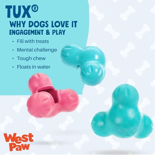WEST PAW Zogoflex Tux Treat Dispensing Dog Chew Toy – Interactive Chewing Toy for Dogs – Dog Games for Aggressive Chewers, Fetch, Catch – Holds Kibble, Treats, Large 5", Geranium