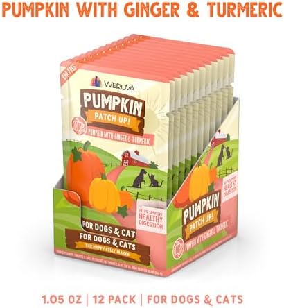 Weruva Pumpkin Patch Up! Pumpkin with Ginger & Turmeric for Dogs & Cats, 1.05oz Pouch (Pack of 12)