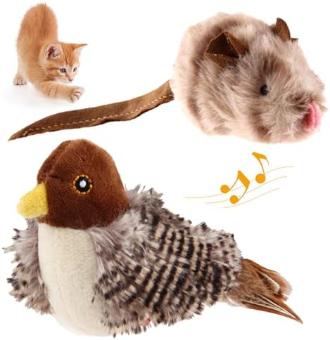 Gigwi Chirping Bird Cat Toy Set, Interactive Chasing Toy for Indoor Cat, Motion Activated Kitten Play Toys, Squeaky Cats Animal Feather Toy for All Breeds Cats Kicker