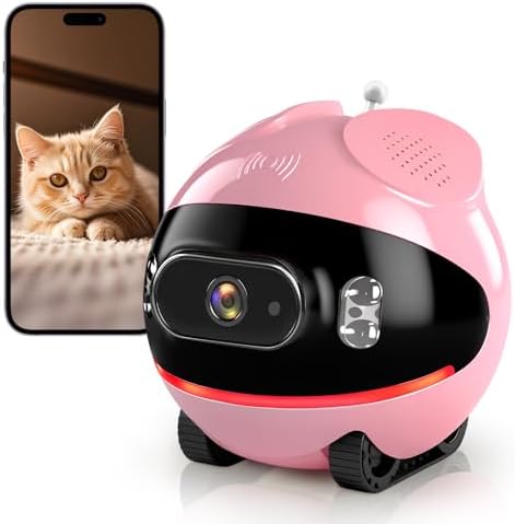 Pet Camera Robot with Cat Teaser: Battery-Operated, Movable with Phone App, 2-Way Talk, Video/Photo, Night Vision (Pink)