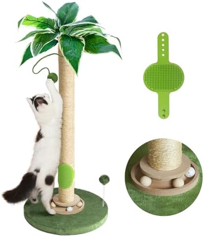 Fantasreen Cat Scratching Post 33'' Tall with Toy, Self Groomer for Indoor Cats