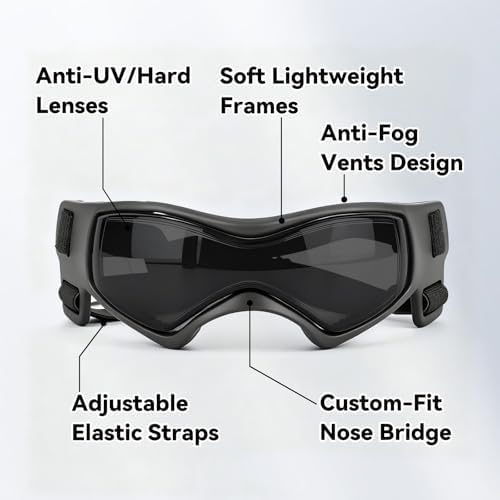 Dog Goggles for Small Breed, Anti-UV Windproof Extra Small Dog Sunglasses, XSmall Pet Eye Protection for Riding Cycling Hiking, Black XS