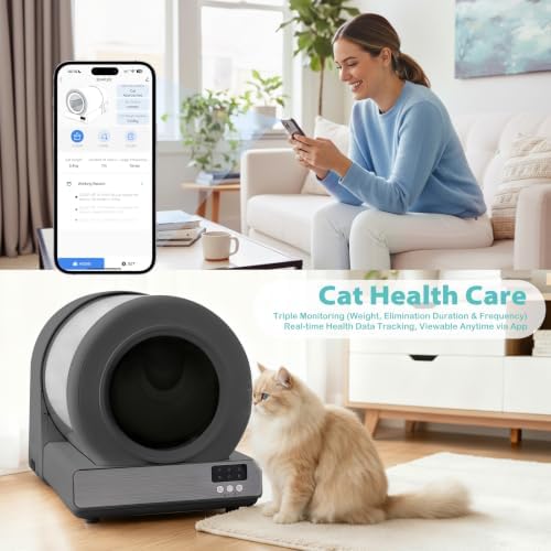 Stainless Steel Self-Cleaning Cat Litter Box, Smart APP Control Automatic Litter Box with Safety Sensors, Odor Control, Low-Entry, Large Capacity Design for Multiple Cats (Grey)