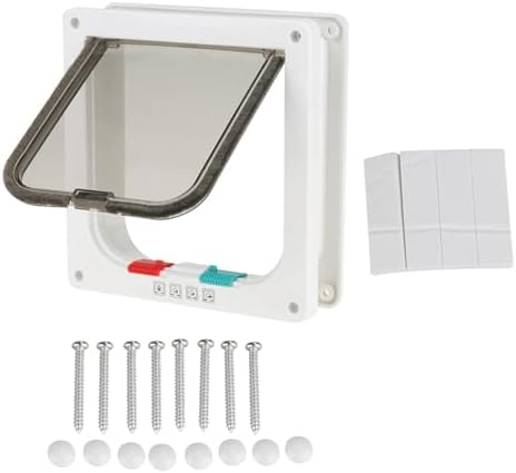 L 4-Way Lockable Pet Door, Secure Flap for Cats and Small Dogs, DIY Installation, Weatherproof Double-Flap Design, 4-Way Locking System, White Plastic