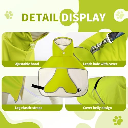 Dog Raincoat,Dog Rain Jacket Poncho with Hood and Leash Hole(Green,L)