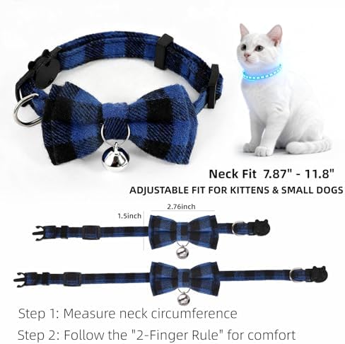 Plaid Breakaway Cat Collar with Bell & Removable Bow Tie – Cotton Kitten Collar with Bells for Boy Cats or Small Dogs. Adjustable Size 7.5-12.2in (3, Red/Green/Navy)