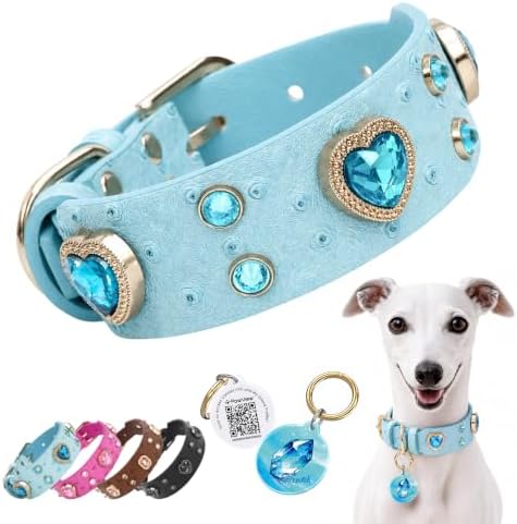 Rhinestone Dog Collar with QR ID Tag, Ostrich-Embossed, Blue, L | Crystal Dog Collar with Ostrich-Embossed Texture, Adjustable Waterproof Fit and QR Scan Pet ID for Stylish Daily Wear