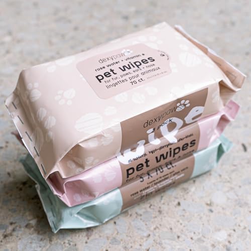 Dexypaws: Pet Cleansing Wipes - 3 Packs (70ct Each) - Aloe-Lavender-Rose Water - Wet Wipes for Dogs & Cats, Fur-Paws-Face, Natural Pet Safe Grooming