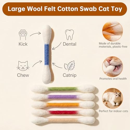6 Pack Giant Cotton Swab Catnip Toys,Giant Qtip Cat Toy,Felt Interactive Kicker Chew Toys for Kittens & Indoor Cats, Soft Teething Toy with Organic Catnip, Eases Boredom, Cat Lover Gift(Blue)