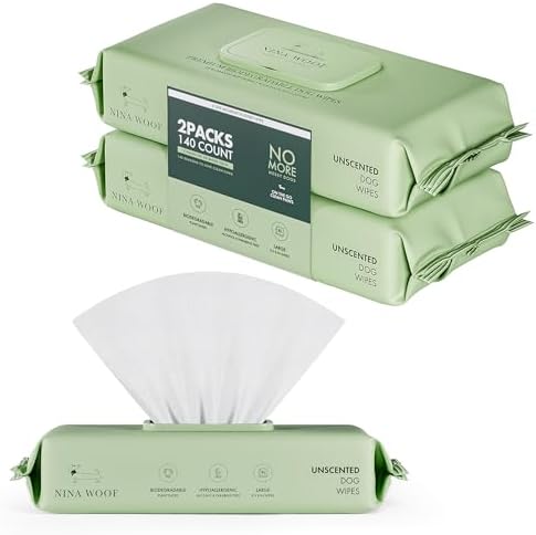Nina Woof Dog Wipes – Fragrance-Free, Alcohol-Free, Hypoallergenic Pet Grooming Wipes with Aloe Vera, Biodegradable, for Dogs & Cats: Paws, Face, Ears & Butt – 2-Pack (140 Count)