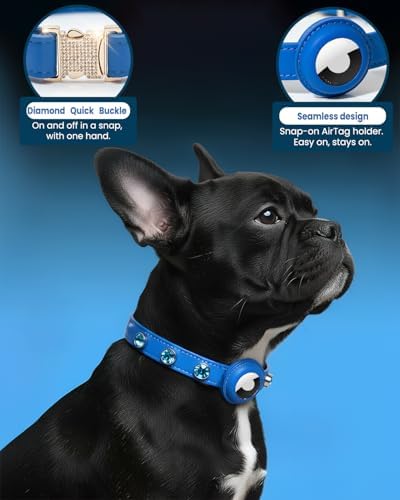Upgraded AirTag Dog & Cat Collar - Adjustable Diamond-Studded Leather Dog Collar with Quick-Release Buckle | Luxurious Jewelry Accessory for Small, Medium, and Large Dogs & Cats (XL (16"-22"))