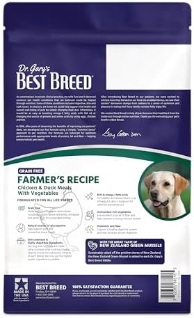 Best Breed Dr. Gary’s Grain-Free Dry Dog Food, Chicken & Duck for Sensitive Stomach & Skin, All Life Stages, Farmer’s Recipe, 4 lb Bag (Pack of 2)