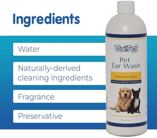 VLUEPET | Pet Ear Wash - Ear Infection Treatment to Relieve Ear Itching & Inflammation for Dog and Cat - Gently Remove Ear Wax - Natural Ingredients and Alcohol Free Ear Wash - All Natural – 16 fl oz