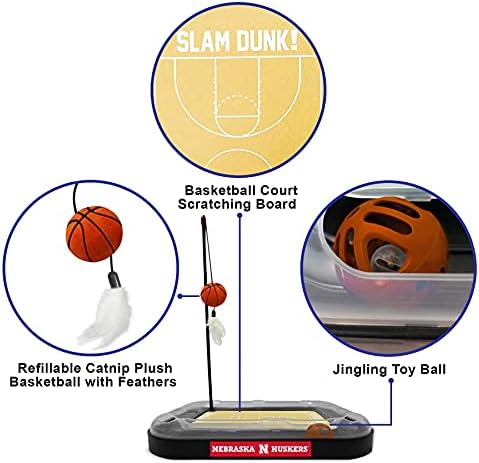 NCAA Nebraska Cornhuskers Basketball Court Cat Scratcher Toy - 6-in-1 Interactive Cat Toy with Catnip-Filled Plush Basketball