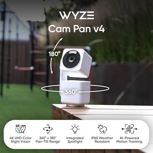 WYZE Cam Pan v4, 4K Smart Security Camera, AI Indoor/Outdoor Cameras for Home Security, Baby & Pet, Color Night Vision, 360° Pan/Tilt/8 x Digital Zoom, 2.4G & 5G, Works with Alexa & Google Assistant