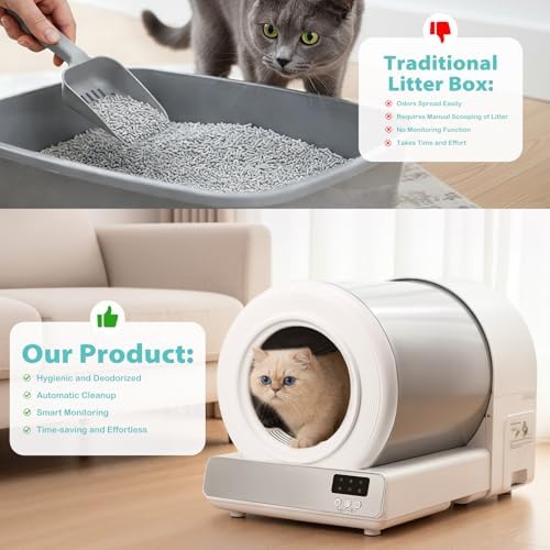 Stainless Steel Self-Cleaning Cat Litter Box, Automatic Cat Litter Box with Safety Sensors, Odor Control, APP Monitoring, Low Entry Design, Large Capacity for Multiple Cats