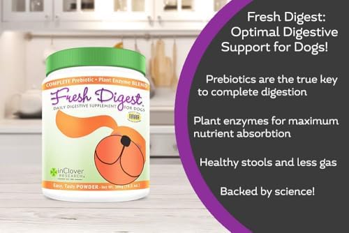 In Clover Fresh Digest Daily Digestive Aid and Immune Support Supplement for Dogs, All Natural Prebiotic and Enzyme Powder for Less Gas and Healthy Stools, Works Fast 100 gram (3.5 oz.)
