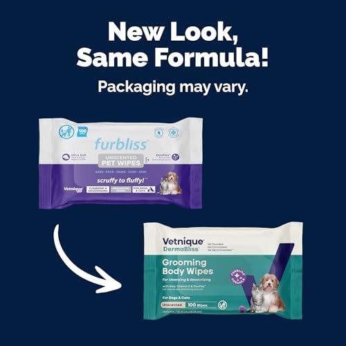 Vetnique DermaBliss Cat & Dog Grooming Wipes, Deodorizing Pet Wipes, 100ct
